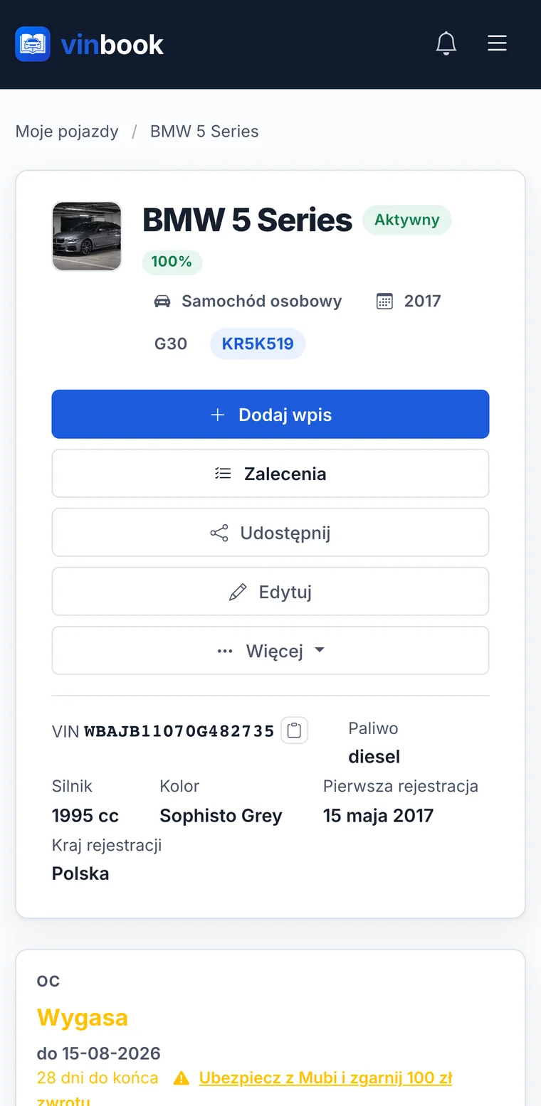 Vehicle profile page on desktop