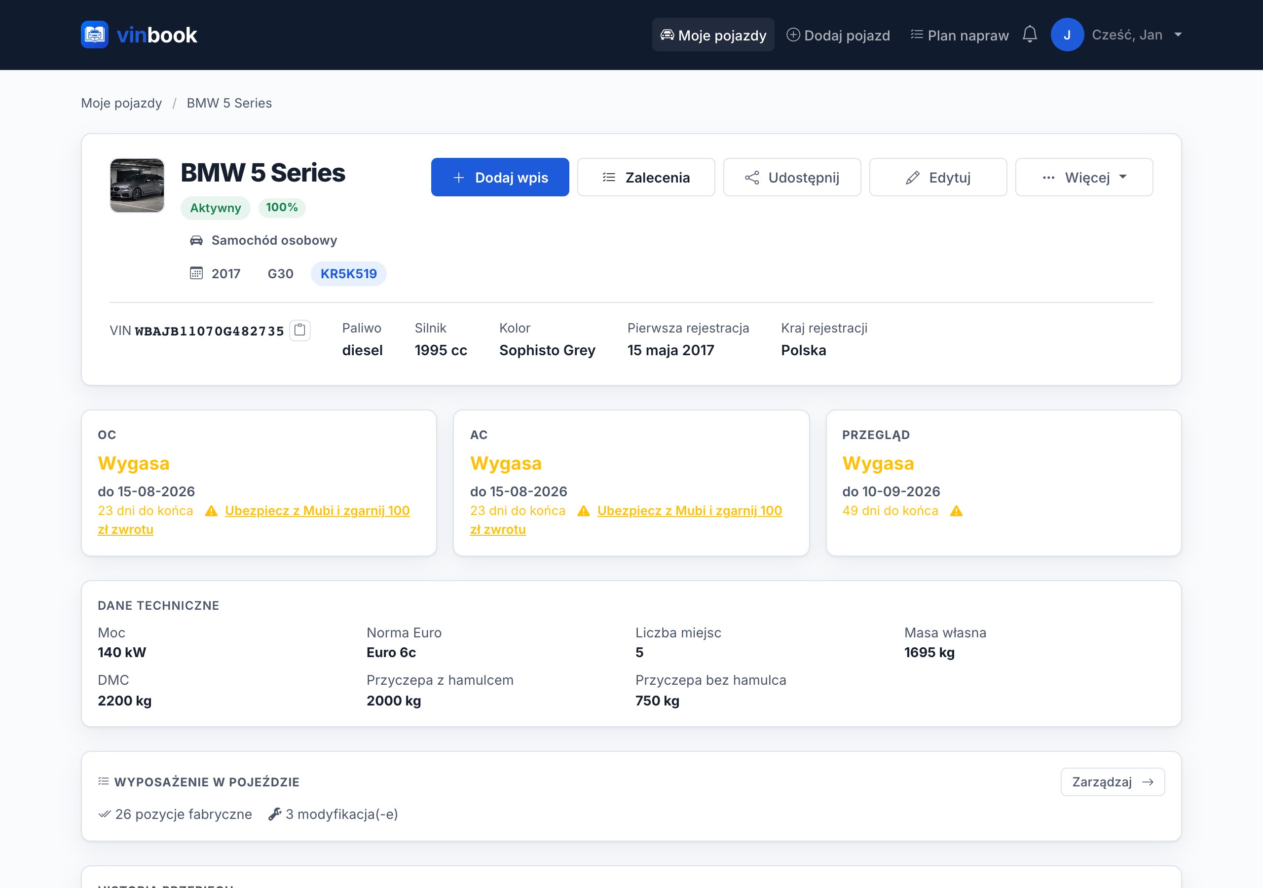 Vehicle detail page — VinBook dashboard