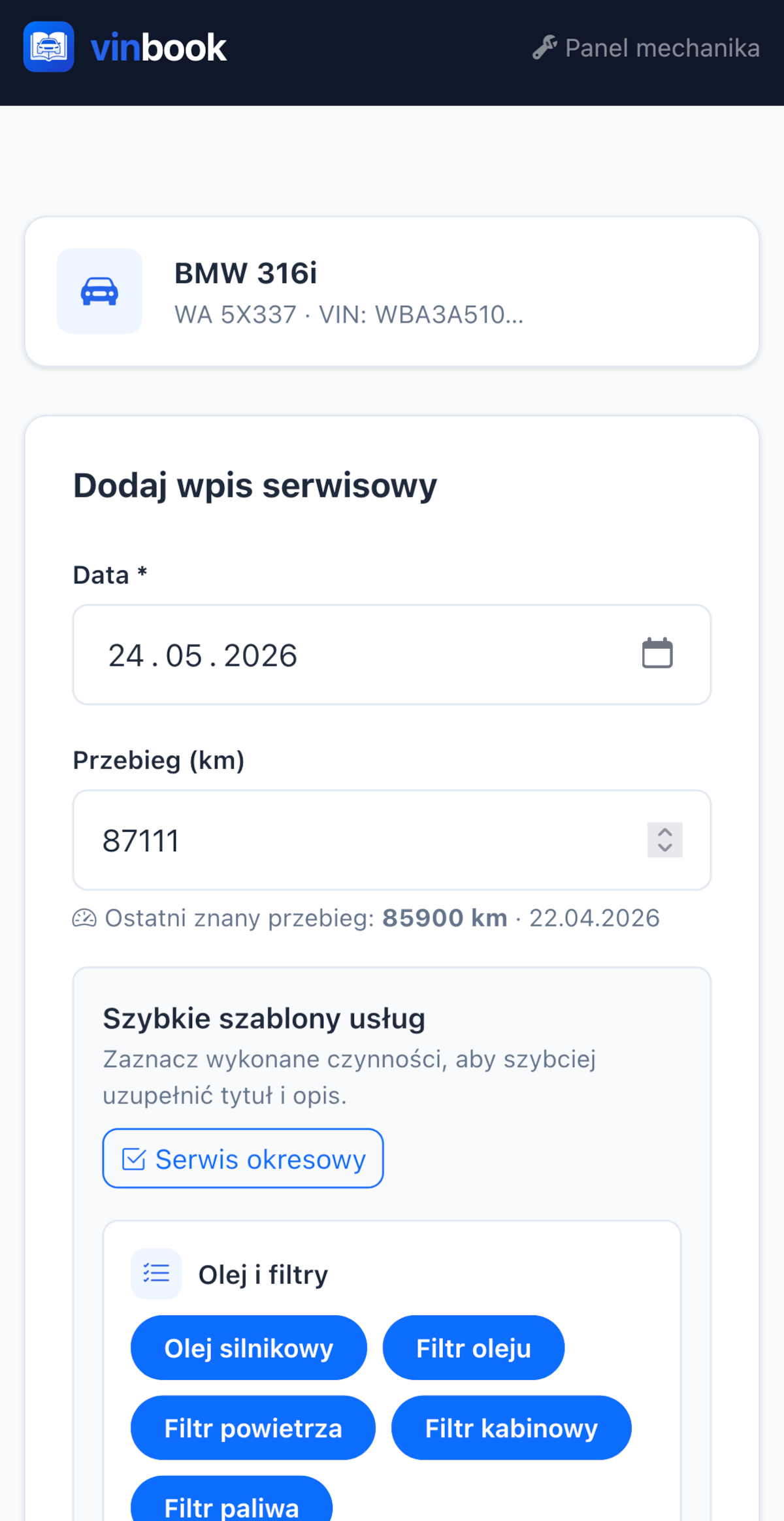 Mechanic adding a service record — VinBook