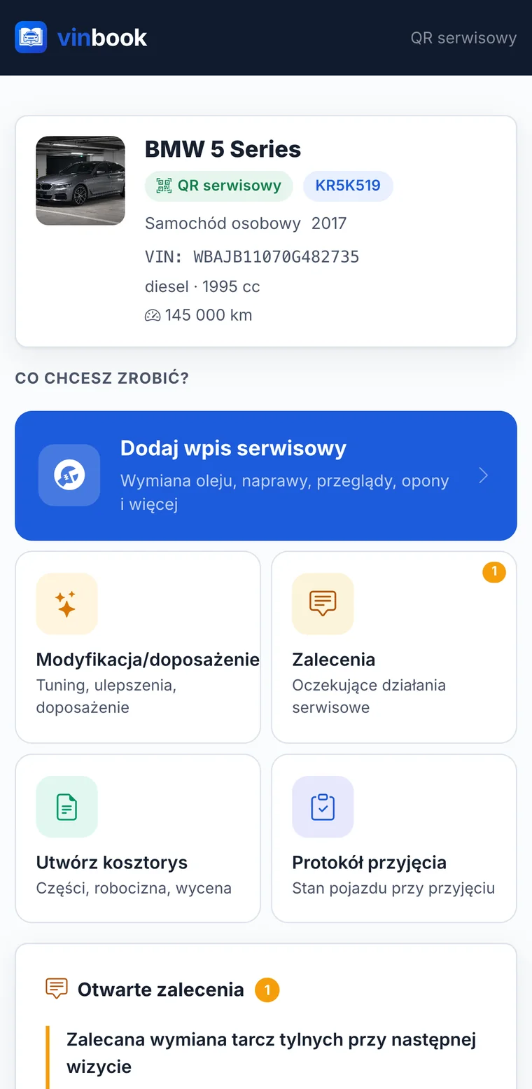 Vehicle history visible after scanning QR