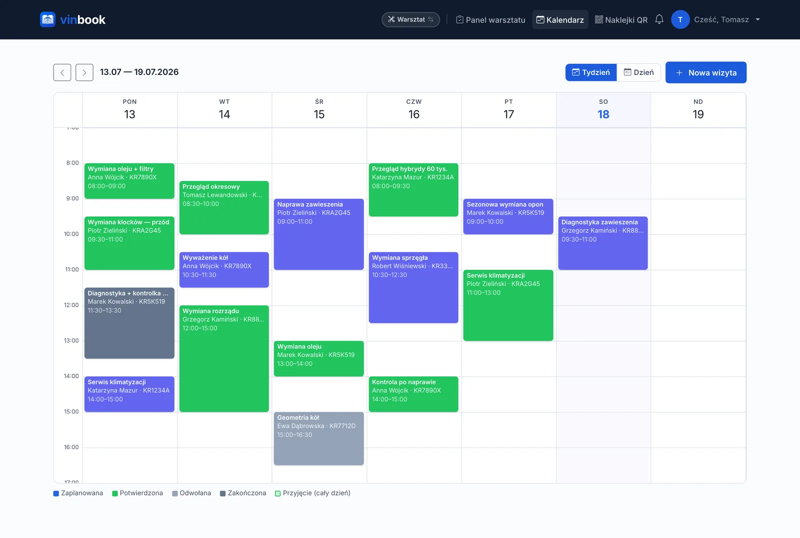 Workshop weekly calendar with booked visits